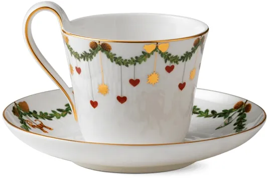 Royal Copenhagen Stjerne Riflet Joulu korkea kahvikuppi ja aluslautanen - 24 cl